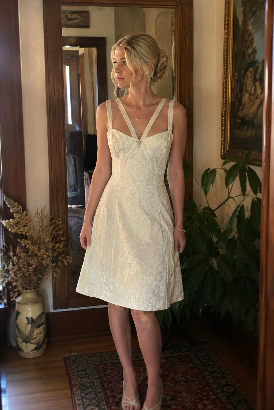 Jessica McClintock Gunne Sax Vintage Ivory Brocade Corset Dress 9/10